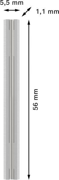 Rysunek długiego, wąskiego prostokąta o wymiarach 5,5 mm szerokości, 1,1 mm grubości i 56 mm długości.