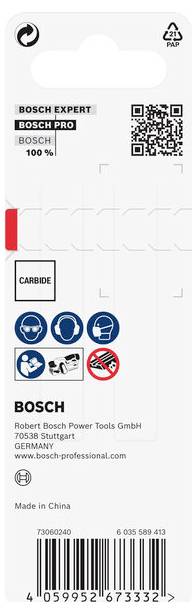 Tył opakowania produktu Bosch z instrukcjami i symbolami bezpieczeństwa, w tym oznaczeniami dotyczącymi stosowania okularów ochronnych i rękawic.
