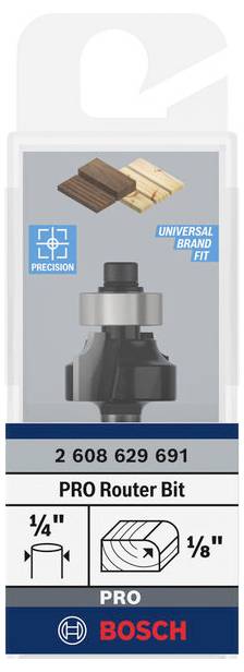Frez 'PRO Router Bit' firmy Bosch o precyzyjnym wzornictwie do różnych rodzajów drewna. Kompatybilny z różnymi markami urządzeń.
