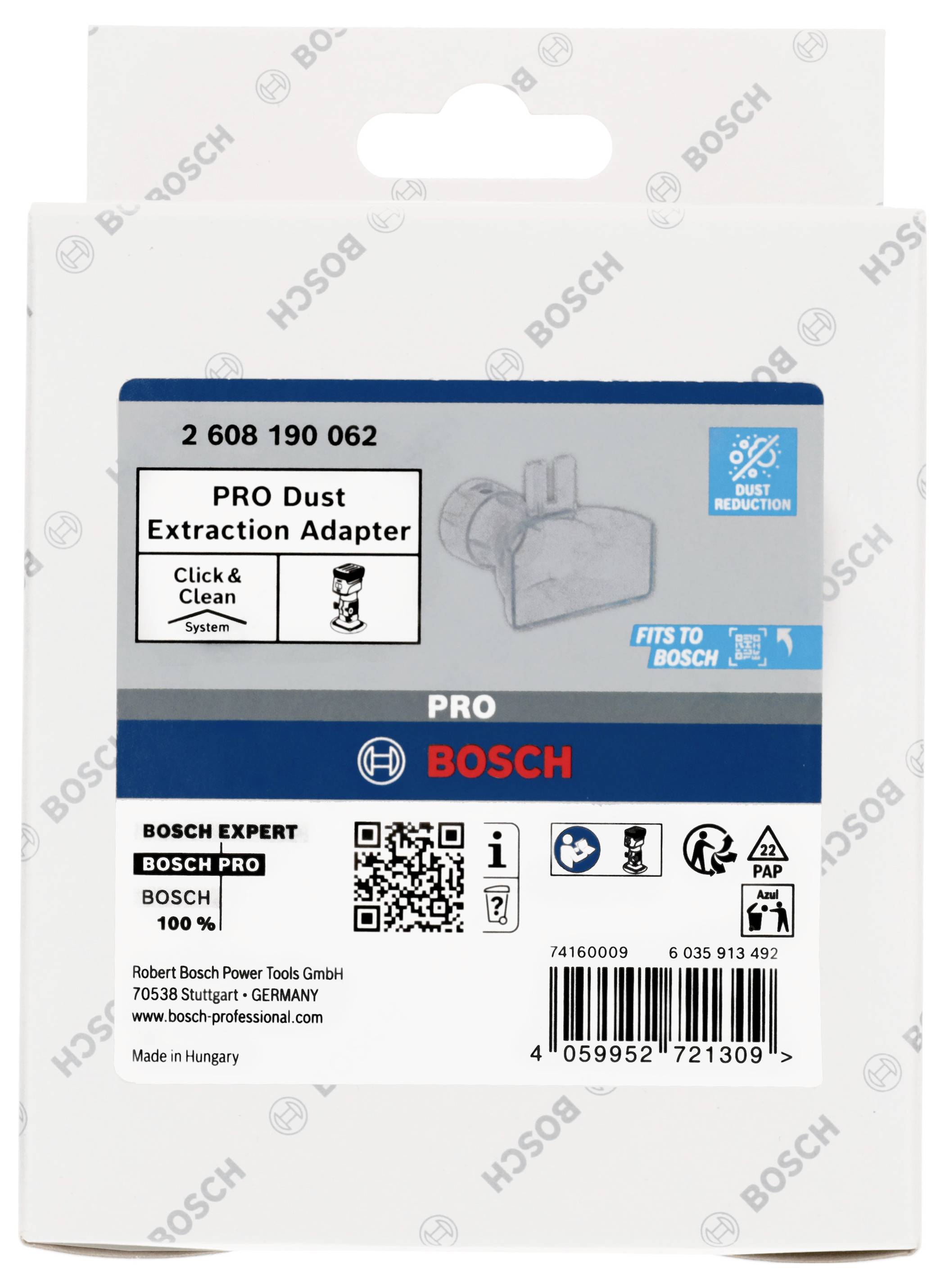 Opakowanie adaptera do odsysania pyłu firmy Bosch dla systemów Click & Clean, pasujące do urządzeń Bosch. Zawiera numer produktu i dane producenta.