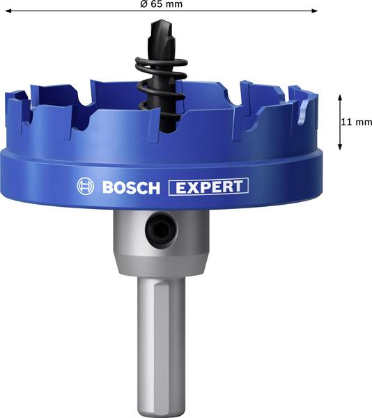 Niebieska piła otworowa 'Bosch Expert' o średnicy 65 mm i głębokości 11 mm, zamocowana na szarym trzpieniu.