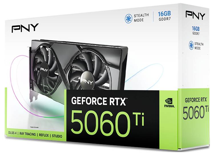 Opakowanie karty graficznej 'PNY GeForce RTX 5060 Ti', 16GB GDDR7. Zawiera informacje o DLSS 4, Ray Tracingu, Reflex i Studio.