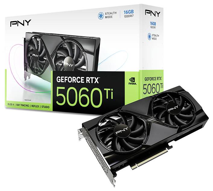 Karta graficzna PNY GeForce RTX 5060 Ti z 16 GB pamięci GDDR7, prezentowana przed swoim opakowaniem.