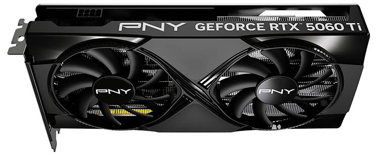 Czarna karta graficzna firmy PNY z dwoma wentylatorami, model 'GEFORCE RTX 5060 Ti', zamontowana na metalowej ramie komputera.