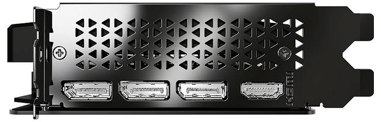 Tylna strona karty graficznej z zaślepkami portów. Widoczne są złącza HDMI i DisplayPort, kluczowe dla podłączenia monitorów.