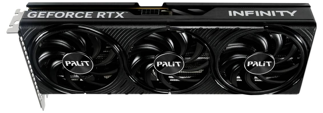 Karta graficzna z trzema wentylatorami, oznaczona napisami 'GEFORCE RTX' i 'INFINITY'. Na wentylatorach widoczne jest logo 'PALIT'.