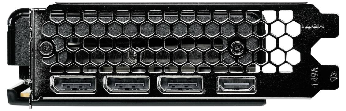 Złącza karty graficznej: Cztery złącza DisplayPort na tylnej stronie czarnej karty graficznej w sześciokątnym układzie kratowym.