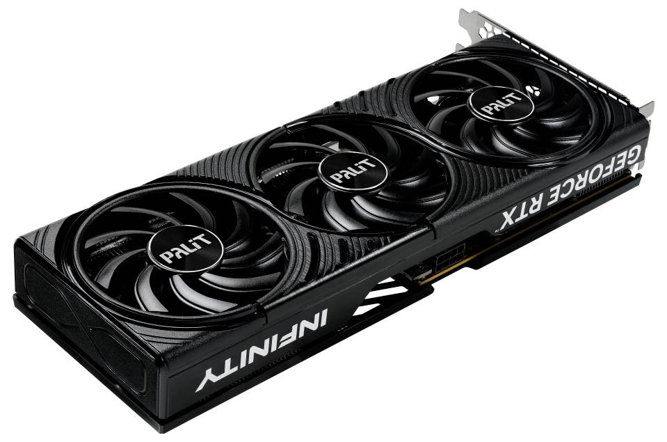 Karta graficzna Palit GeForce RTX z trzema wentylatorami, widok z góry, w czarnym, szczegółowym designie.