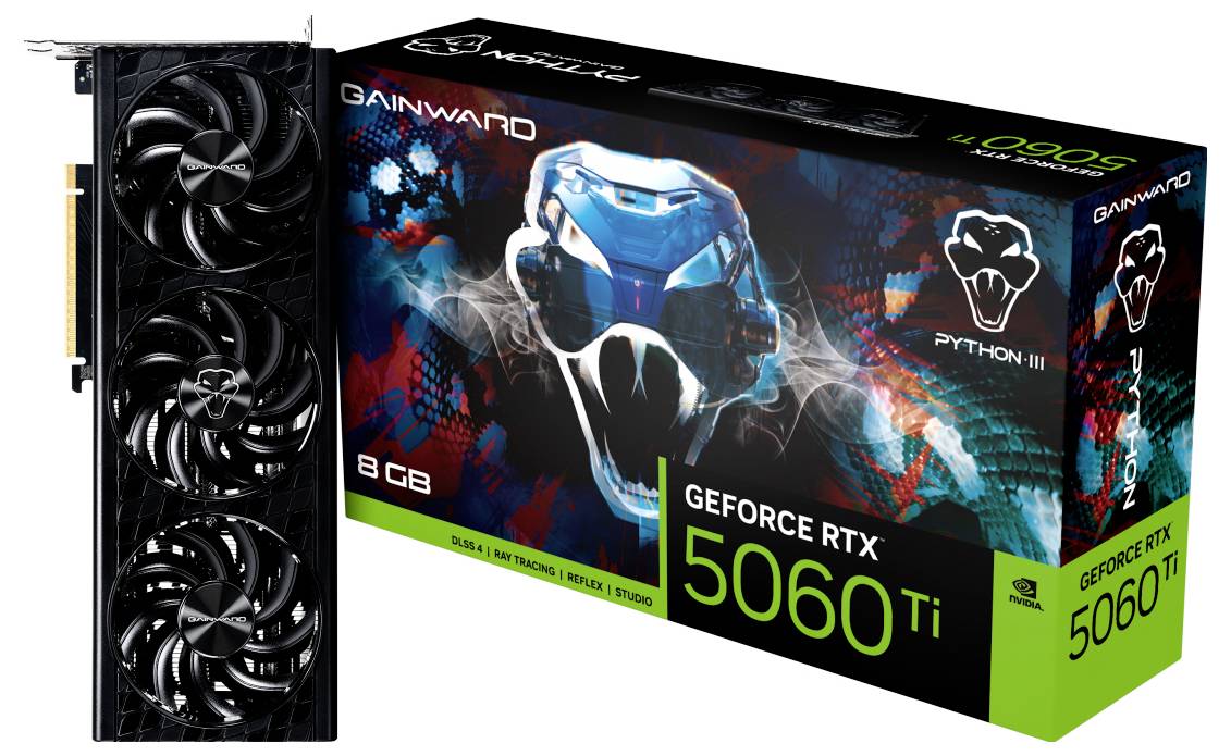 Karta graficzna Gainward RTX 5060 Ti obok jej opakowania. Opakowanie prezentuje futurystyczny design czaszki w kolorach niebieskim i czerwonym.