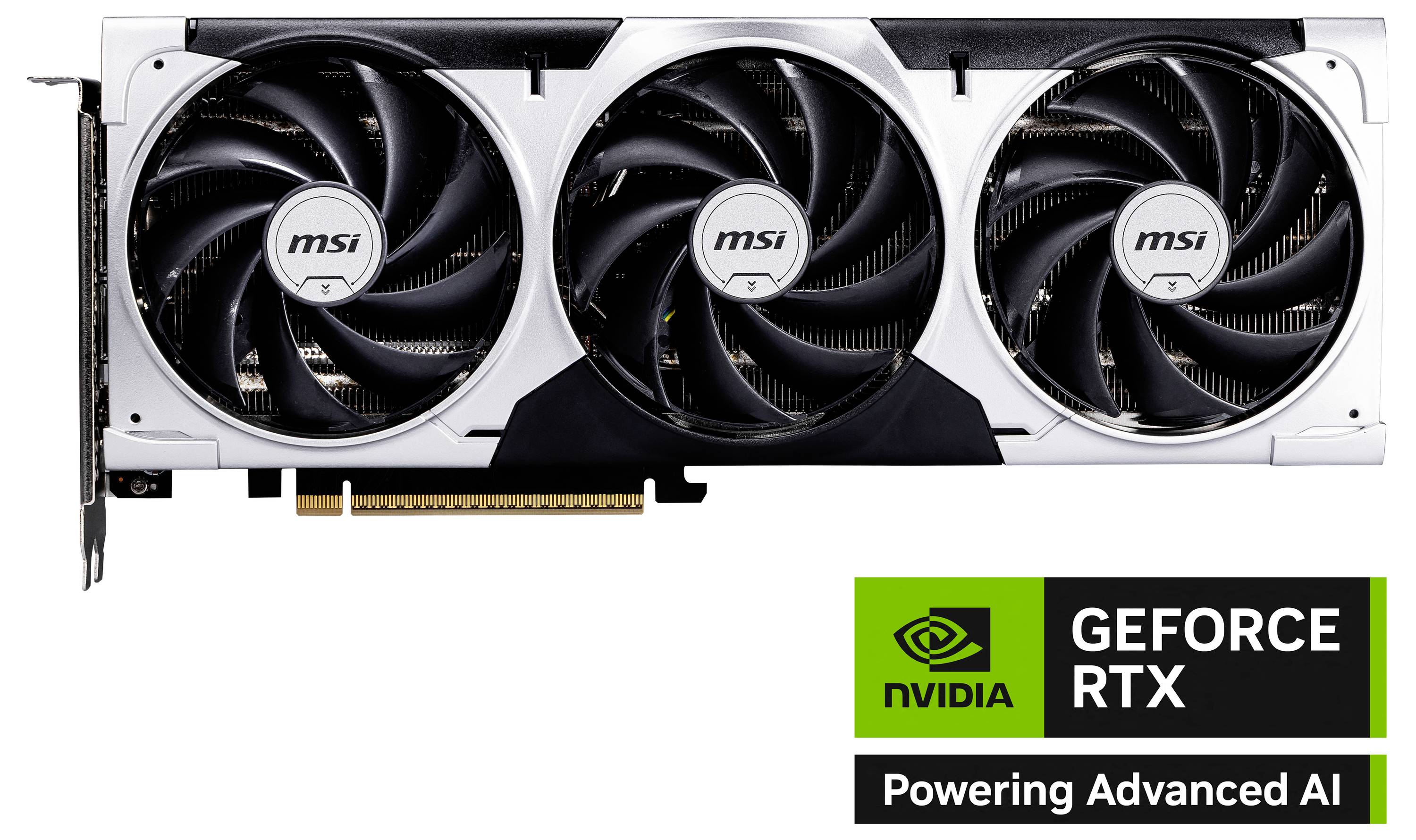 Karta graficzna NVIDIA GeForce RTX z trzema wentylatorami firmy MSI, napis "Powering Advanced AI"