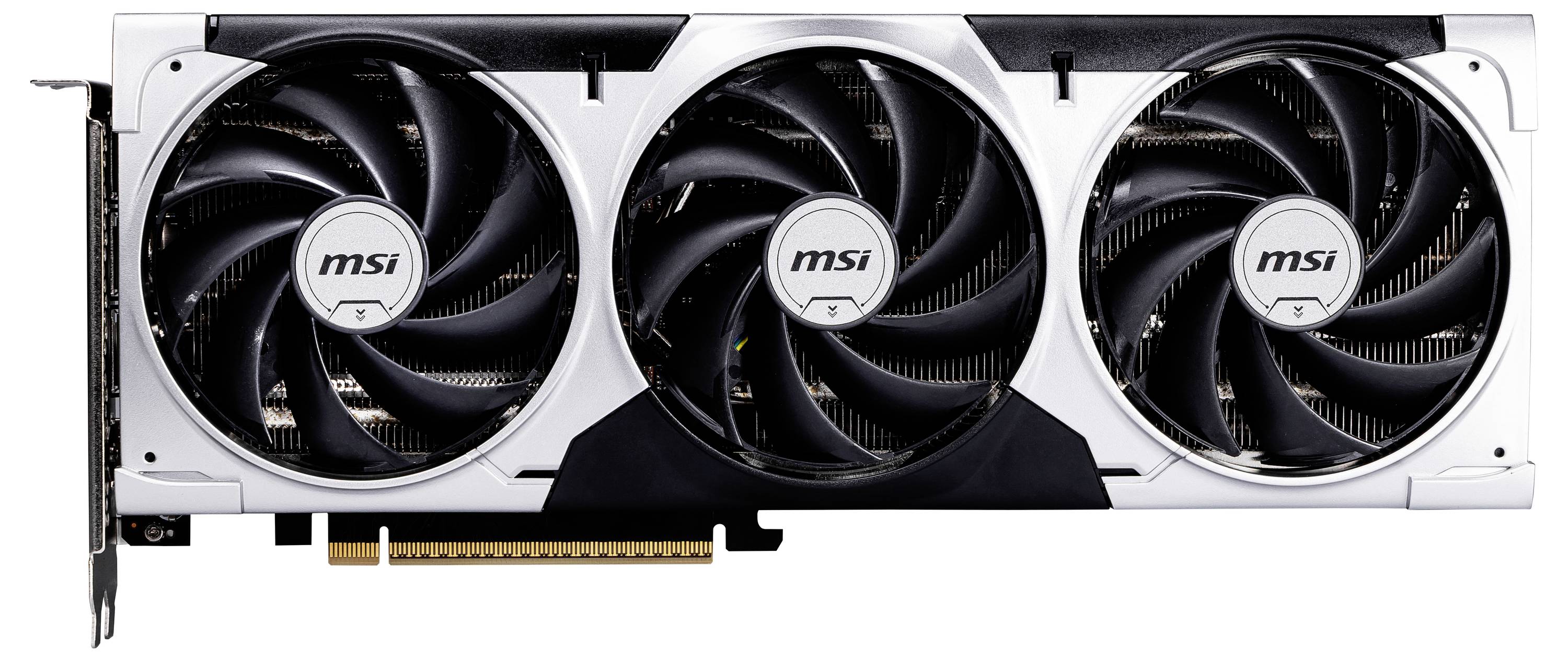 Karta graficzna MSI z trzema wentylatorami, prostokątną budową i charakterystycznym logo na każdym z wentylatorów.