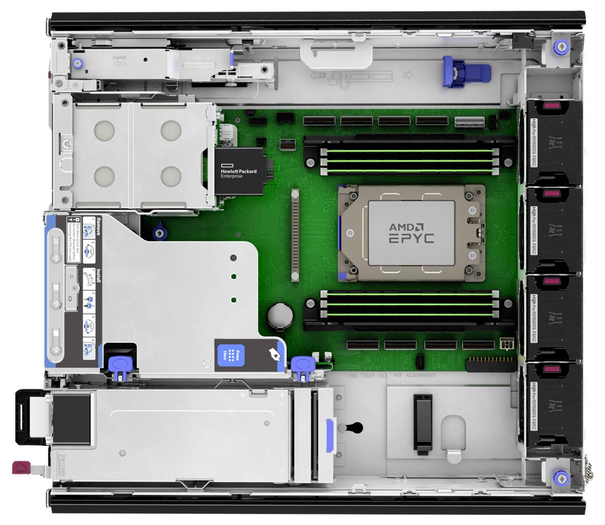 Widok wewnętrzny serwera komputerowego, przedstawiający płytę główną z procesorem AMD EPYC, dwoma slotami pamięci RAM oraz kilkoma slotami rozszerzeń i złączami.