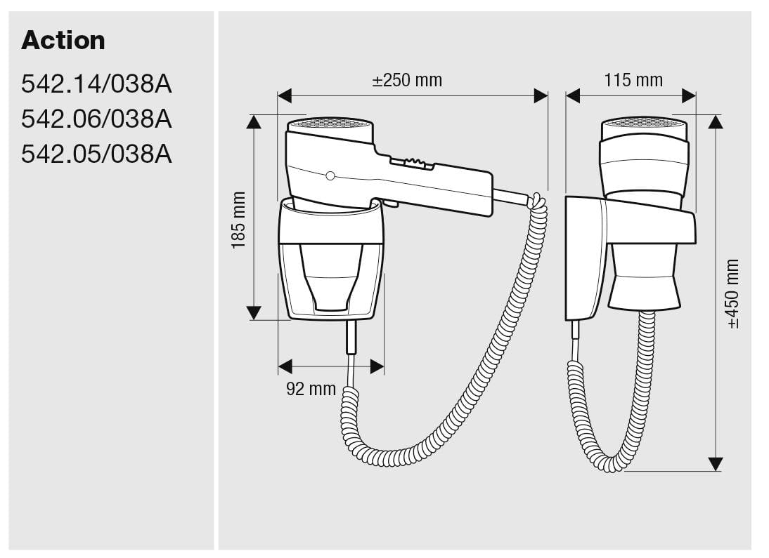 'Schemat suszarki do włosów zamontowanej na ścianie z wymiarami: wysokość 185 mm, szerokość 92 mm, długość 250 mm, długość przewodu 450 mm.'