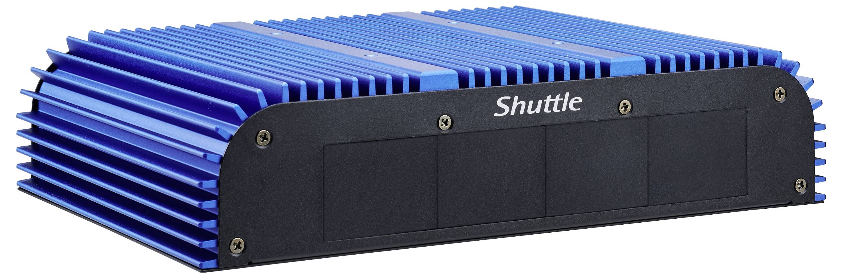 Kompaktowy, niebieski mini-komputer z żebrowaną górną pokrywą, przeznaczony do zastosowań przemysłowych. Widoczne jest logo 'Shuttle'.