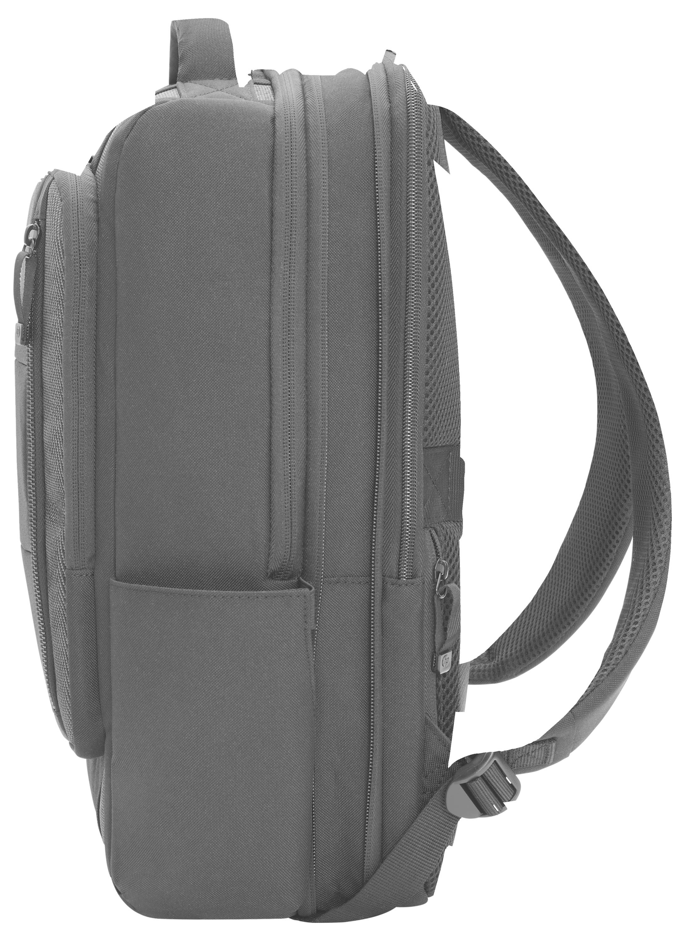 Plecak w kolorze szaro-czarnym widziany z boku, z dwoma głównymi komorami i regulowanymi paskami na ramiona.