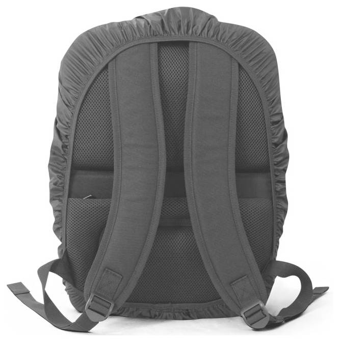 Szary plecak widziany od tyłu, ukazujący wyściełane paski na ramiona oraz elastyczną krawędź przy górnej części.