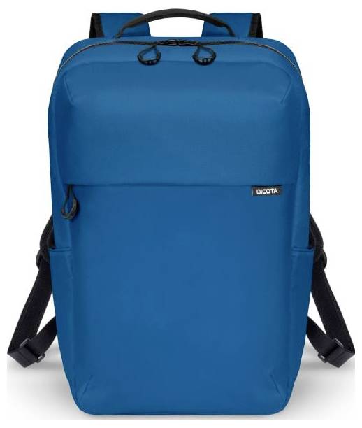 Niebieski plecak z czarnymi paskami, dwiema kieszeniami bocznymi i uchwytem na górze. Na przedniej stronie znajduje się małe logo.