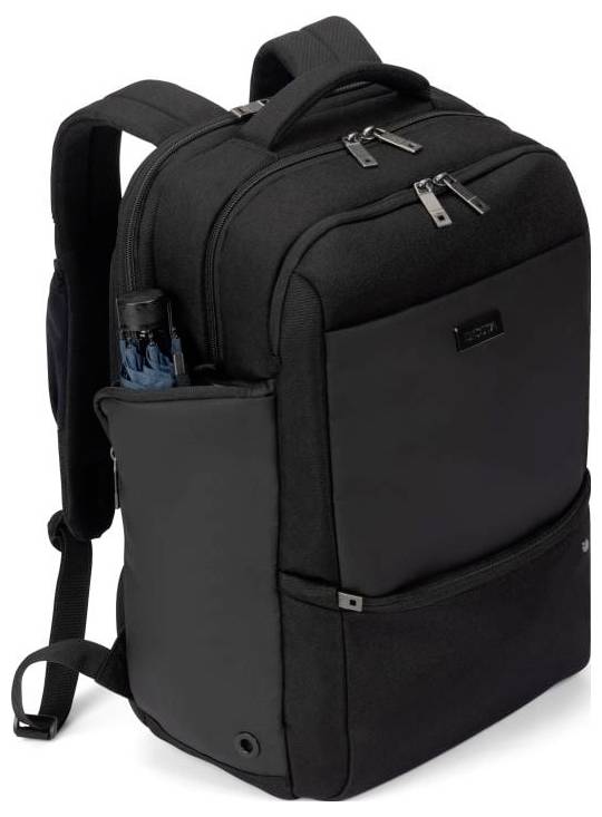 Czarny plecak z wieloma komorami i zamkami błyskawicznymi, parasol w bocznej kieszeni. Odpowiedni do podróży i codziennego użytku.