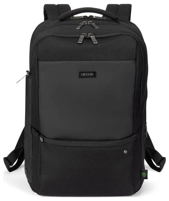 Czarny plecak z wieloma komorami i zamkami błyskawicznymi. Na pierwszym planie komora z widocznym logo marki.