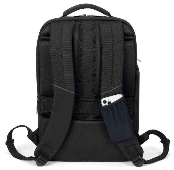 Czarny plecak widziany od tyłu, widoczne szelki, smartfon włożony do małej zewnętrznej kieszeni przy pasku.