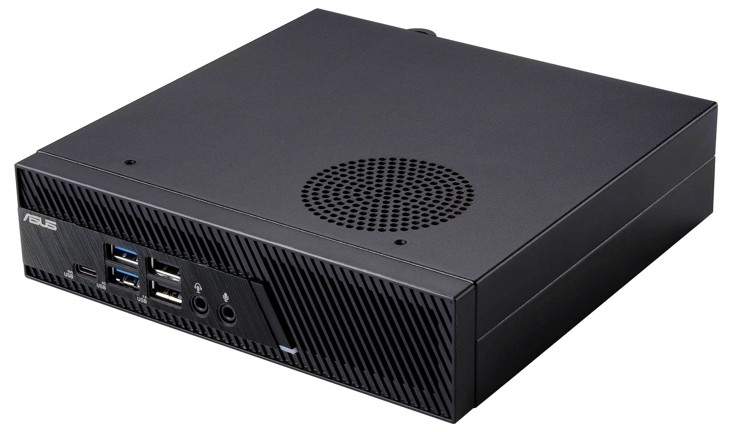 Czarny mini-PC z wieloma portami USB i złączami audio z przodu. Otwór wentylacyjny na górze dla chłodzenia.