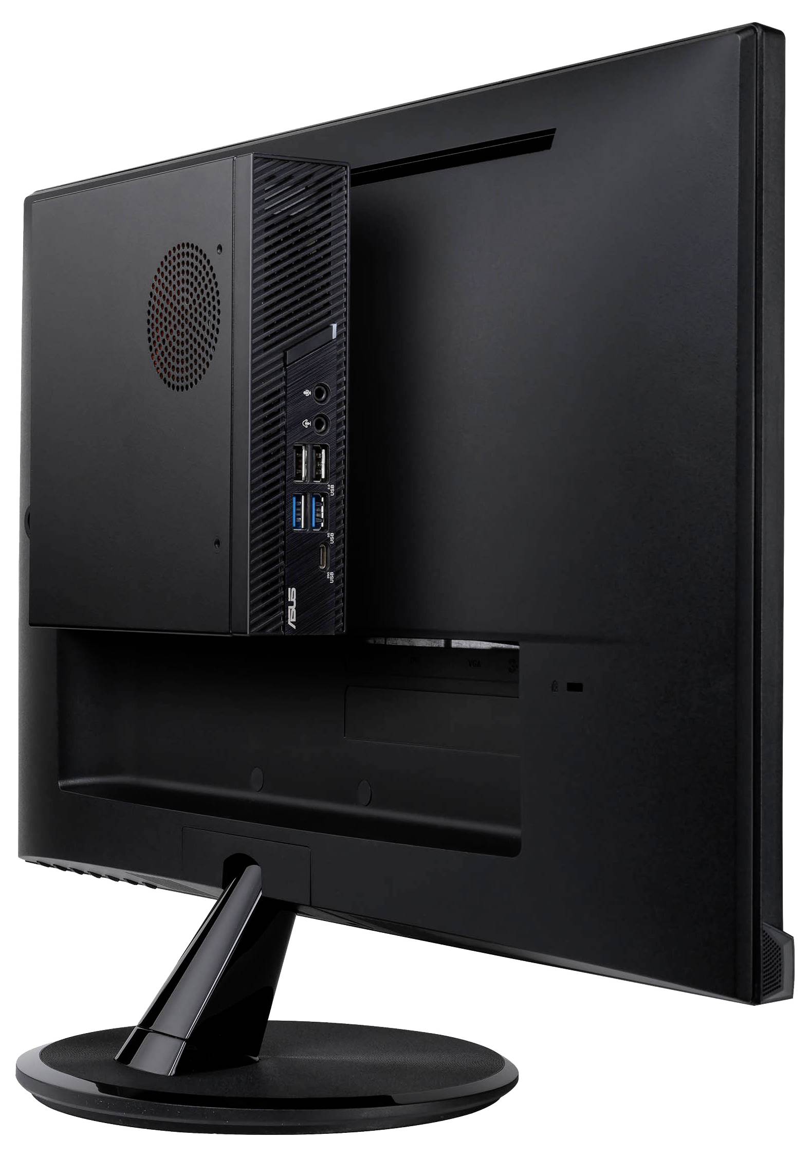 Widok z tyłu czarnego monitora z podłączonym mini-komputerem. Widoczne są liczne złącza USB oraz otwory wentylacyjne.