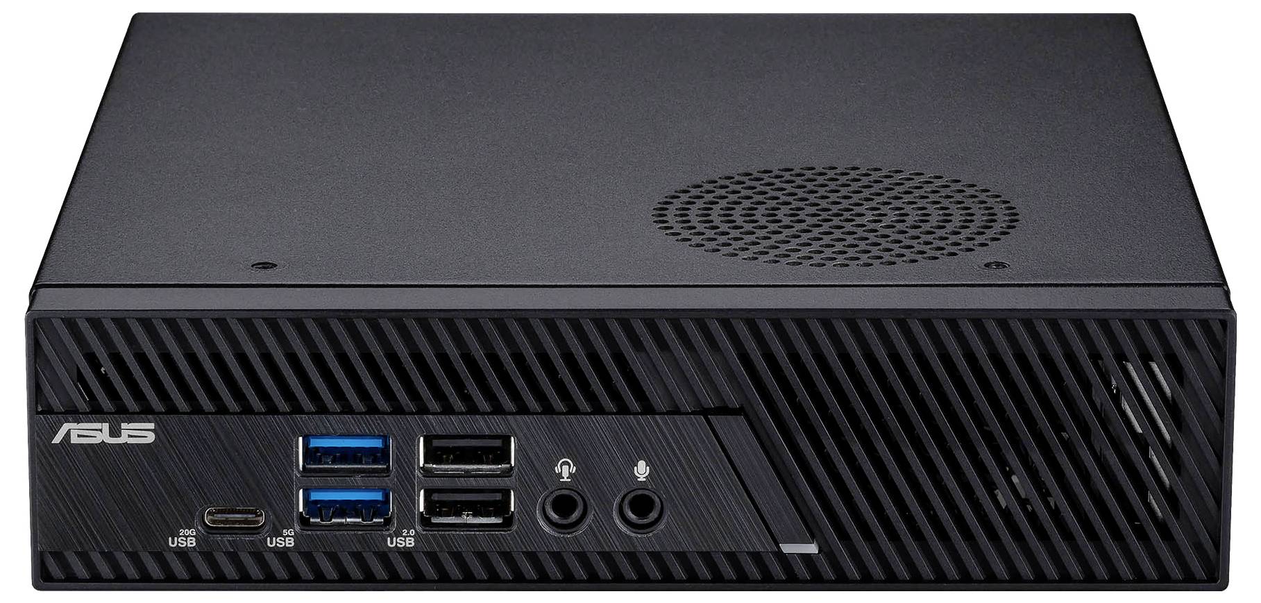 Mały czarny mini komputer z portami USB, gniazdem słuchawkowym i kratką wentylacyjną.