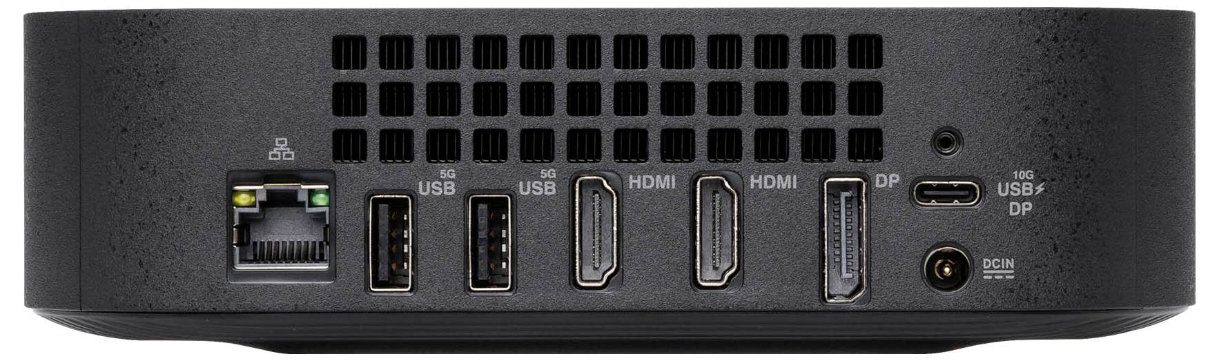 Tylna część komputera z różnymi złączami: Ethernet, trzy porty USB, dwa złącza HDMI, DisplayPort oraz gniazdo zasilania.