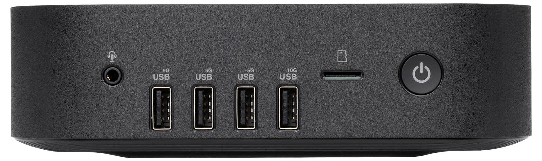 Czarny mini-komputer widziany z przodu, wyposażony w gniazdo słuchawek, cztery porty USB, czytnik kart SD oraz włącznik sieciowy.