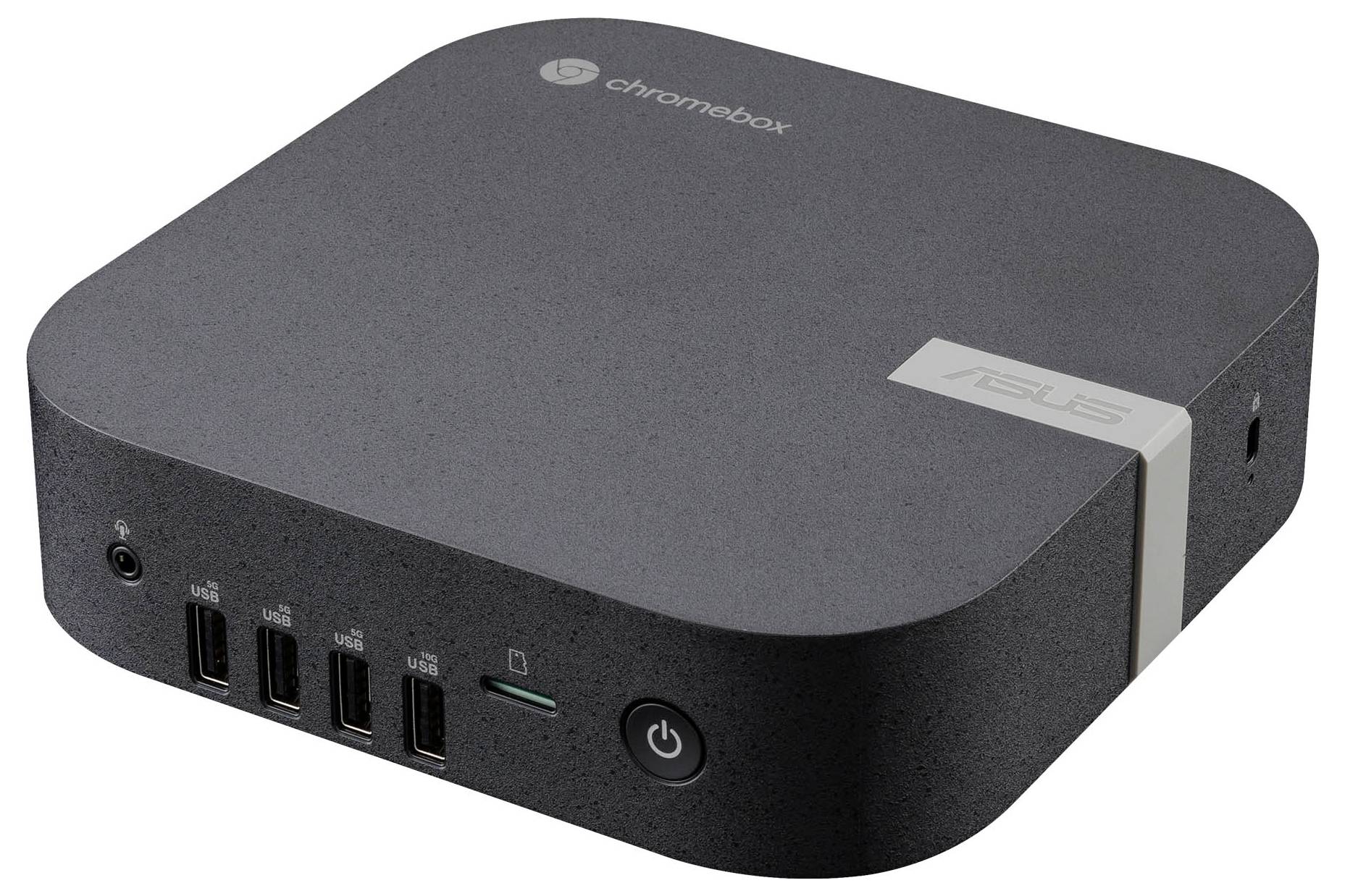 Czarny ASUS Chromebox z wieloma portami USB i przyciskiem zasilania, odpowiedni do podstawowych zadań komputerowych.