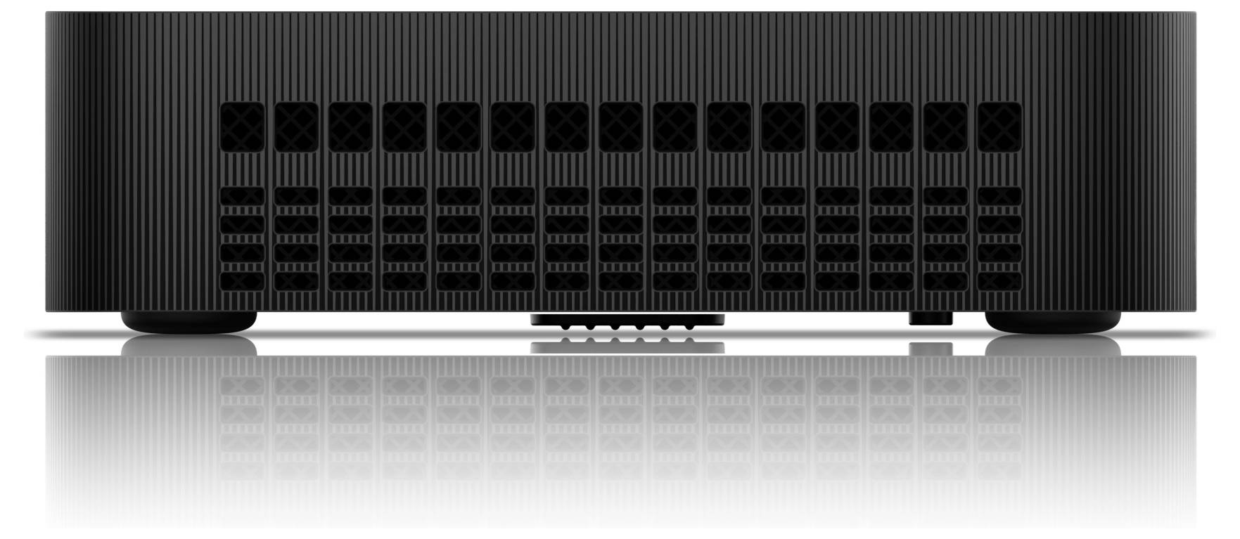 Rysunek przedstawia tylną część czarnego, prostokątnego urządzenia z licznymi otworami wentylacyjnymi.