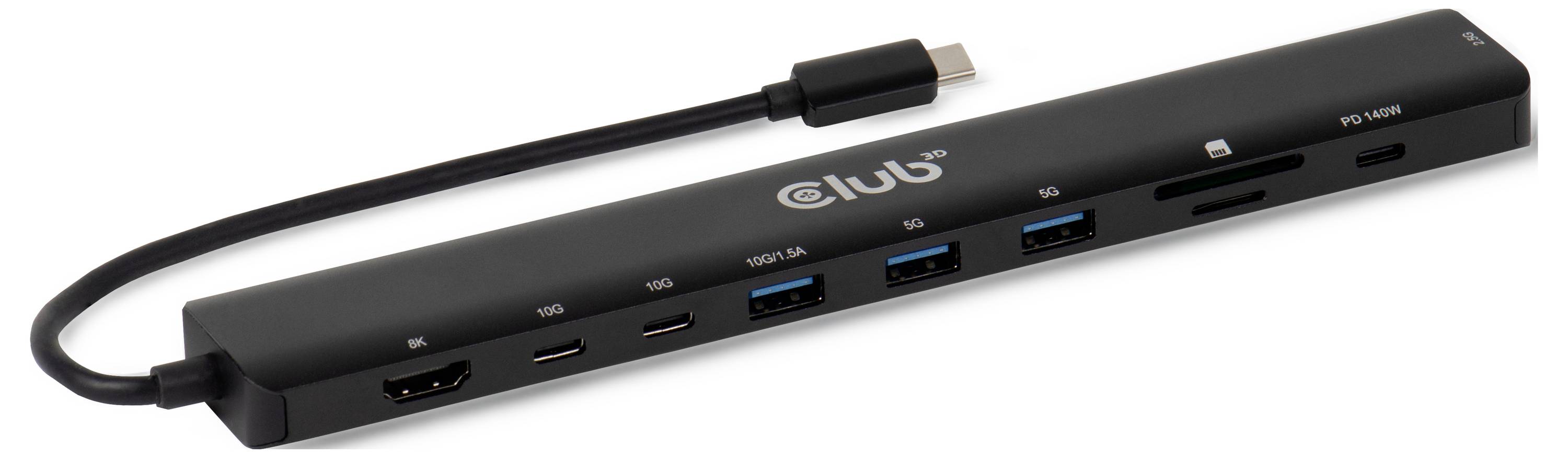 Czarny hub USB-C z wieloma portami, w tym HDMI, USB-A, USB-C i czytnikiem kart.