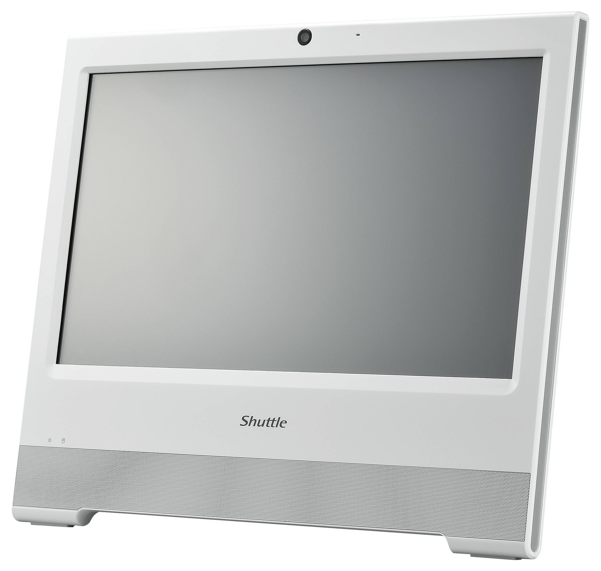 Biały ekran z szeroką ramką i srebrną kratką głośnika poniżej, oznaczony napisem 'Shuttle'.