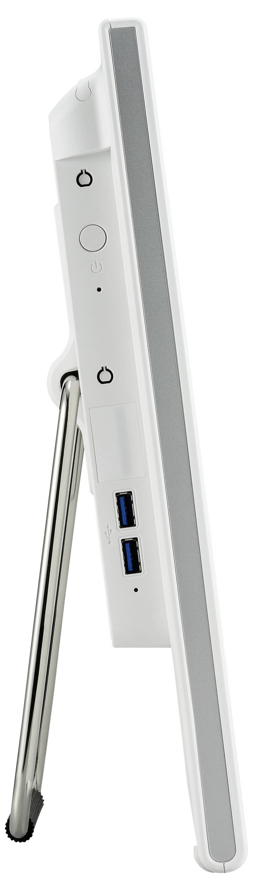 Widok boczny białego urządzenia cyfrowego ze stojakiem. Z tyłu widoczne są złącza i elementy sterujące.