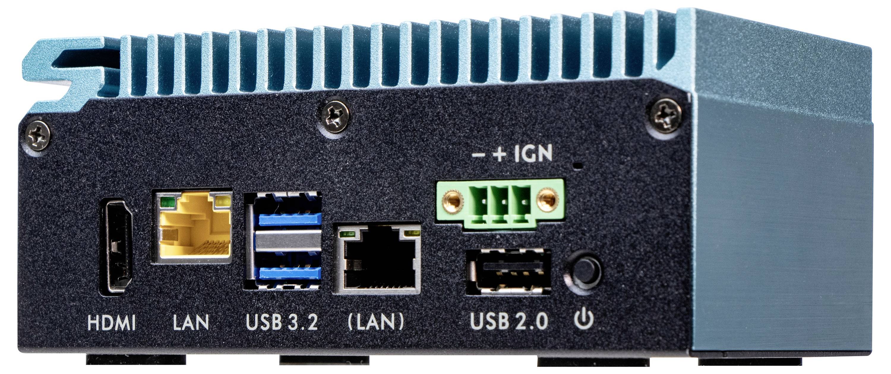 Mini-komputer z interfejsami: HDMI, LAN, USB 3.2, LAN, USB 2.0, złączem zasilania oraz punktem przyłączeniowym '+IGN'.