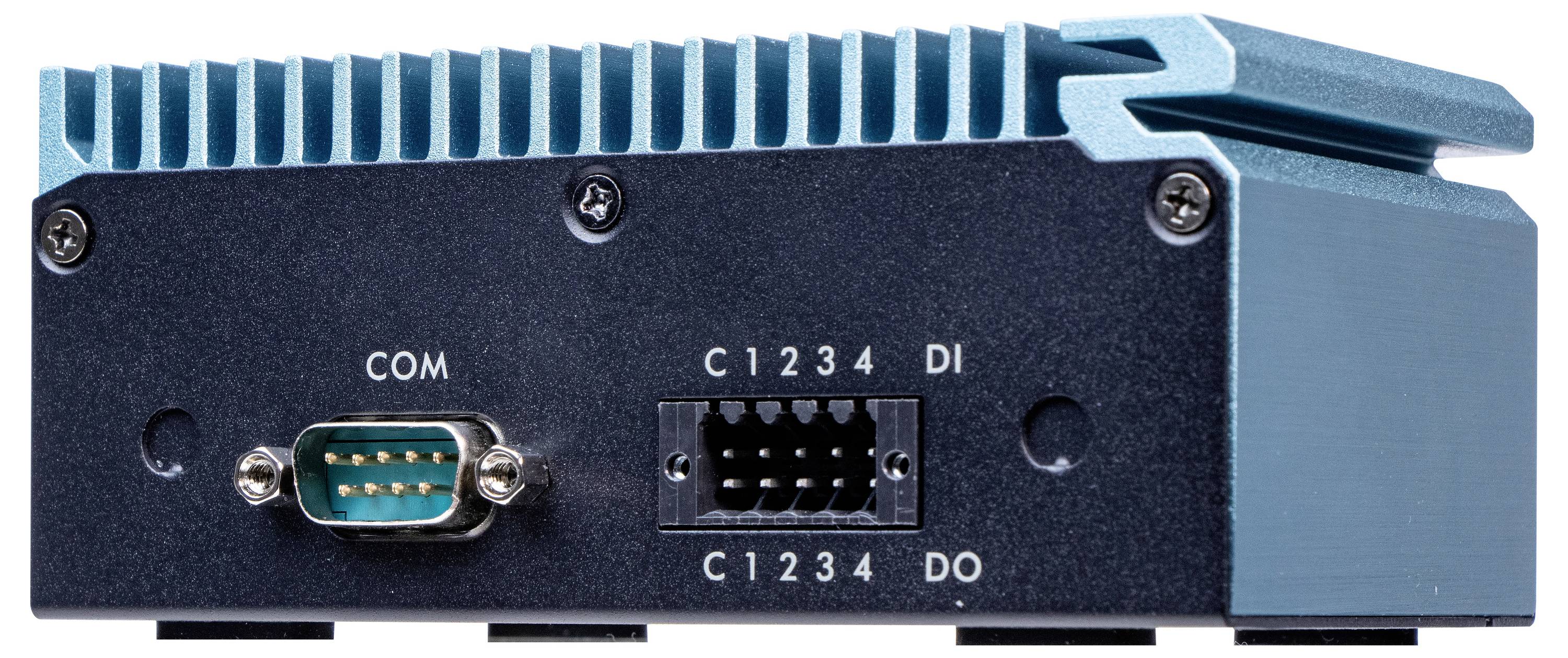 Niebieskie urządzenie elektroniczne z portami: po lewej stronie port COM, obok niego złącze DI/DO z numeracją od C1 do C4.