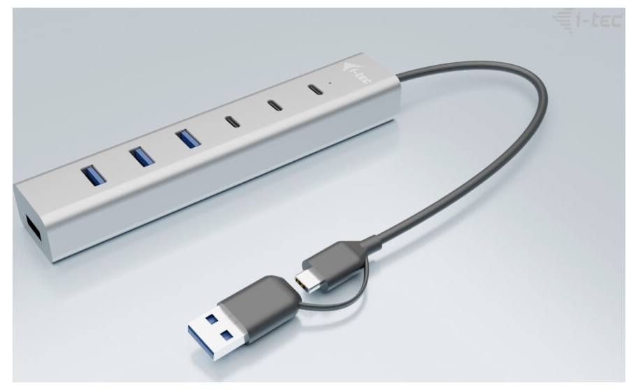 Srebrny hub USB z czterema portami i przewodem USB, przeznaczony do podłączenia wielu urządzeń do komputera.