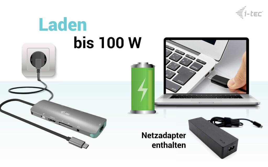 Hub USB-C jest wtykany do laptopa. Obok widnieje napis 'Ładowanie do 100 W'. Na ilustracji znajduje się zasilacz sieciowy z napisem 'Zasilacz w zestawie'.