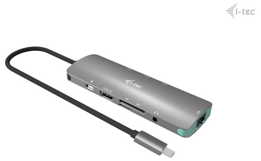 Hub USB-C z wieloma portami, w tym HDMI, USB i gniazdo karty SD. Marka 'i-tec' na górnej powierzchni.