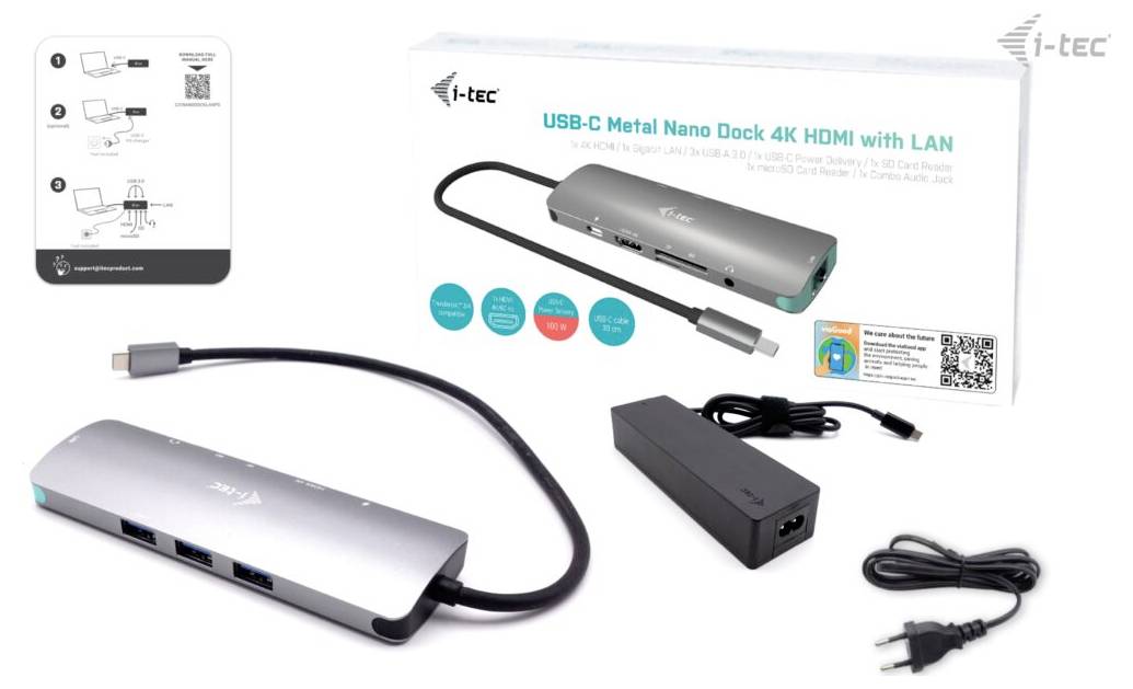Stacja dokująca USB-C z wieloma portami, w tym HDMI i LAN. Opakowanie z technicznymi szczegółami. Akcesoria przedstawione na ilustracji.