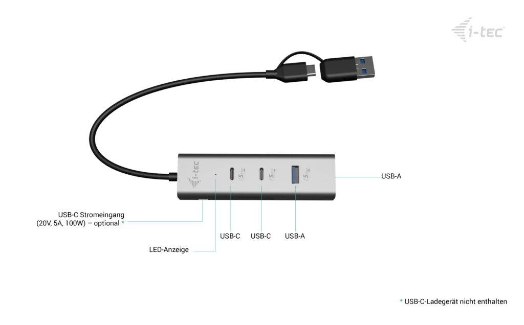 Koncentrator USB z jednym przewodem. Koncentrator posiada trzy porty: jeden USB-C i dwa USB-A. Wyświetla wskaźnik LED. W górnym prawym rogu znajduje się logo.
