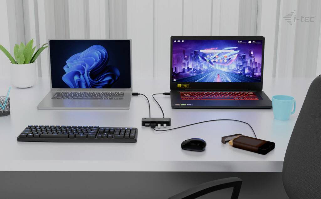 'Dwa laptopy na biurku, połączone przez hub USB. Obok klawiatura, mysz, notes i zielona roślina.'