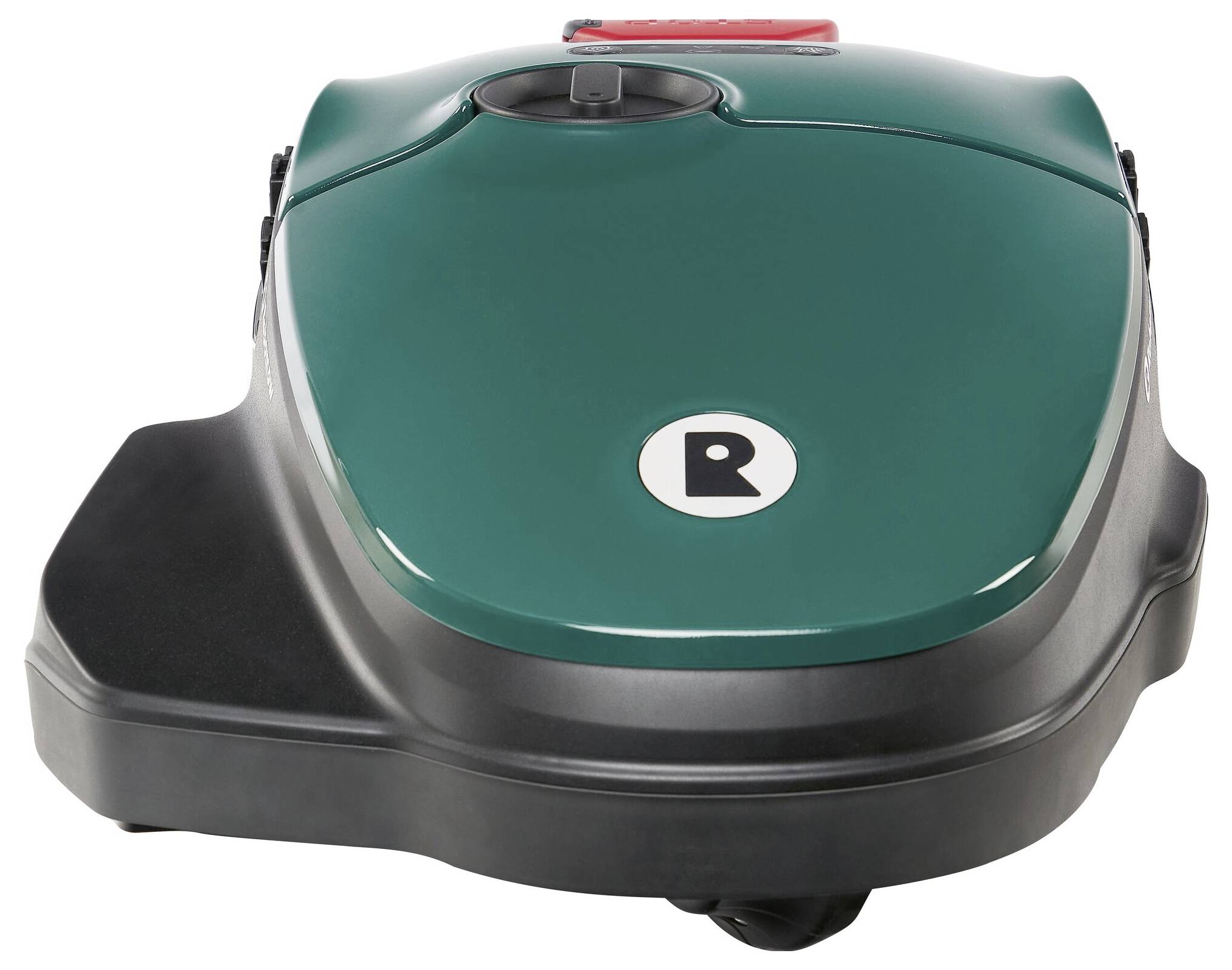 Zielony robot koszący z czarną obudową i logo "R" na wierzchu, przeznaczony do automatycznego koszenia trawy.