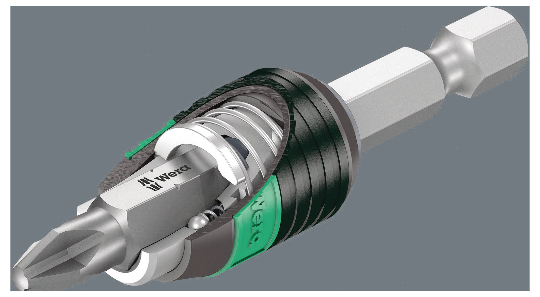 Przedstawiono wielowrzecionową główkę śruby z magnetycznym uchwytem, otoczoną zielono-czarną wkładką gumową.
