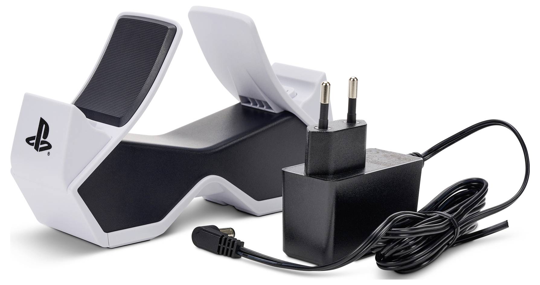 'Stacja ładująca PlayStation DualSense z zasilaczem, oferująca możliwość jednoczesnego ładowania dwóch kontrolerów, w nowoczesnym designie w kolorach białym i czarnym.'