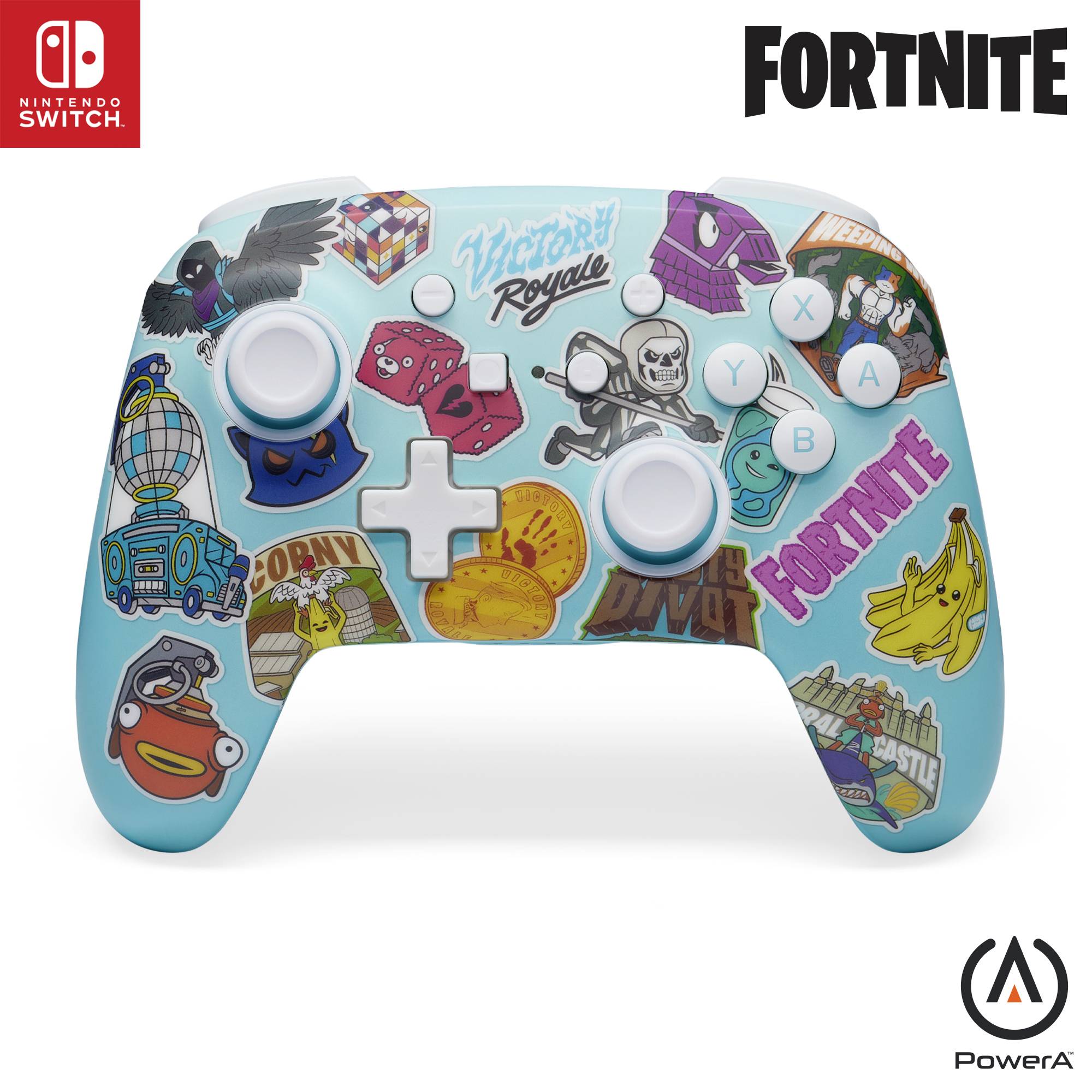 Kolorowy kontroler Nintendo Switch z motywami z gry 'Fortnite', ozdobiony naklejkami, w tym 'Victory Royale' i bananem. W prawym górnym rogu napis 'Fortnite'.