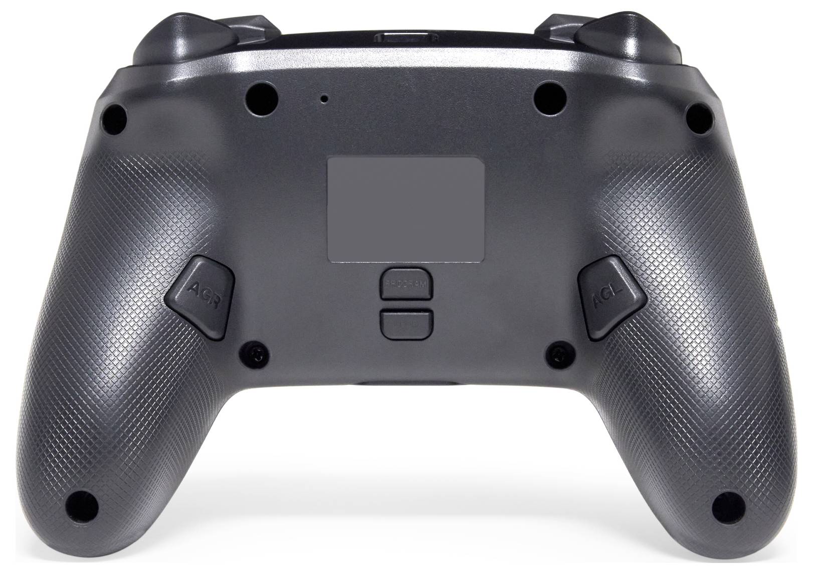 Tył czarnego kontrolera do gier z teksturowanymi uchwytami, widocznymi dwiema przyciskami na górnych krawędziach oraz dwiema przyciskami na tylnej części obudowy.
