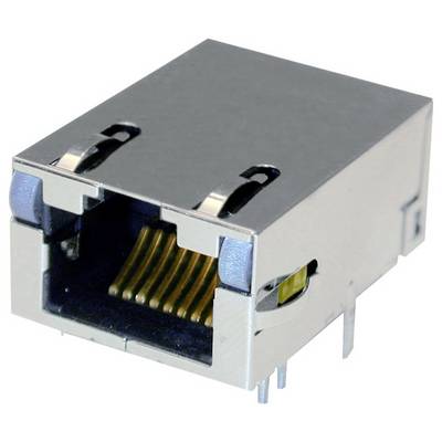 Wtyk RJ45 do kabli sieciowych, z metalową obudową i wieloma widocznymi złotymi stykami wewnątrz.