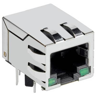 'Złącze RJ45 z obudową metalową, przedstawiające standardowe połączenie sieciowe używane do komunikacji Ethernet.'