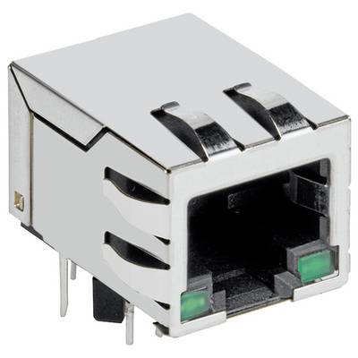 Prostokątne złącze sieciowe RJ-45 z metalową obudową i zielonymi diodami LED z przodu, przeznaczone do użytku w sieciach komputerowych.